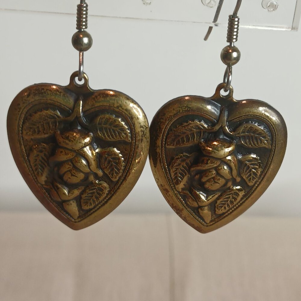 Brass Tone Rose Heart Earrings